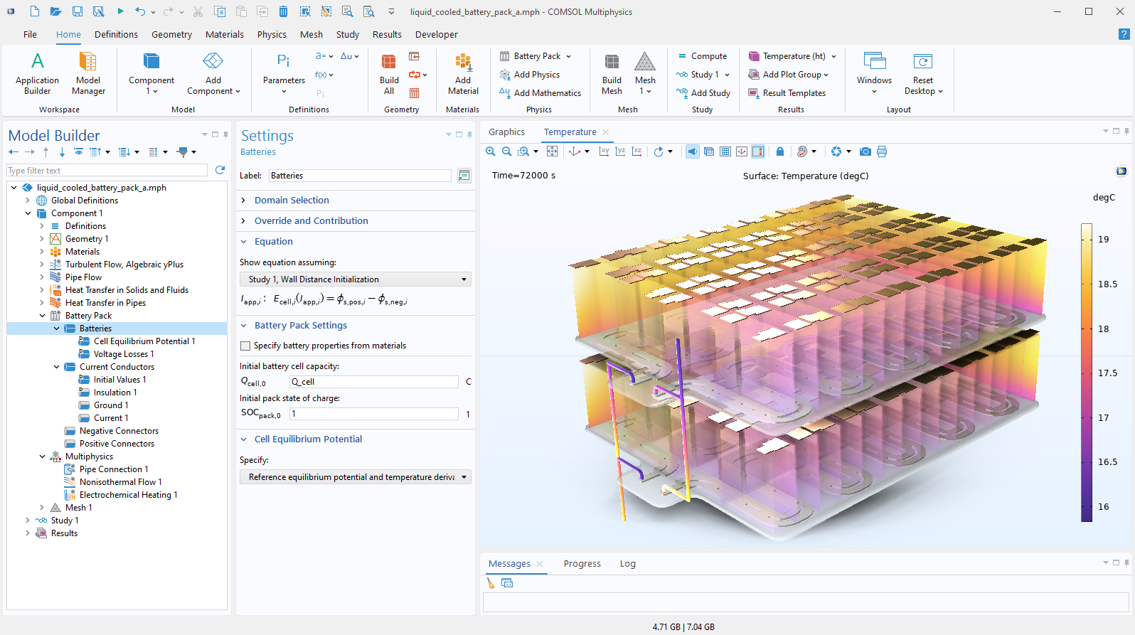 The COMSOL Multiphysics UI showing the Model Builder with the Batteries node highlighted, the corresponding Settings window, and a battery energy storage system model in the Graphics window.